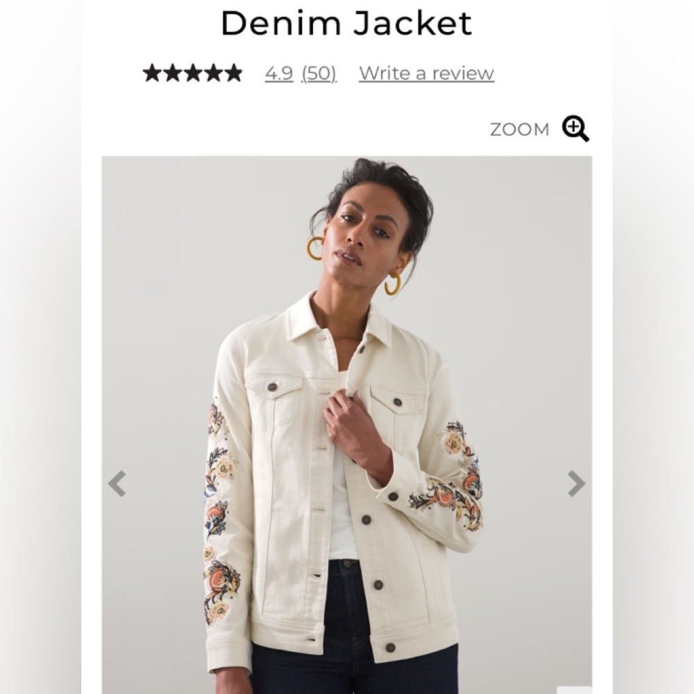 Chicos Embroidered Sleeve Ivory Denim Jacket Size 2 (10-12) EXCELLENT Condition